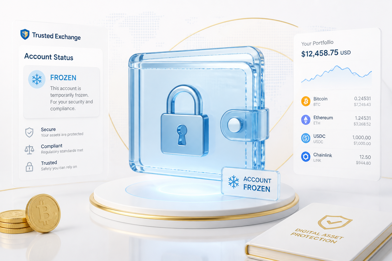 Swiss court files and a wooden gavel representing an injunction to freeze stolen crypto at an exchange